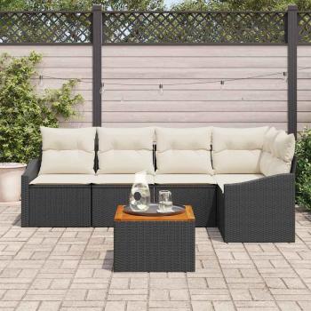 6-teiliges Garten Sofa Set mit Kissen Schwarz Poly Rattan Akazie