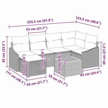 7-teiliges Garten Sofa Set mit Kissen Schwarz Poly Rattan Akazie