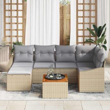 7-teiliges Gartensofa-Set mit Kissen Beige Poly Rattan Akazie