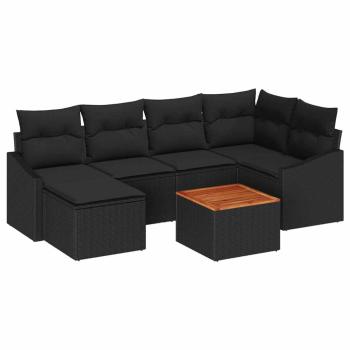 7-teiliges Garten Sofa Set mit Kissen Schwarz Poly Rattan Akazie