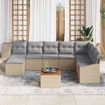 9-teiliges Garten Sofa Set mit Kissen Beige Poly Rattan Akazie