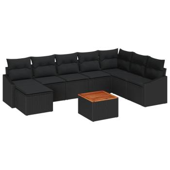 9-teiliges Garten Sofa Set mit Kissen Schwarz Poly Rattan Akazie