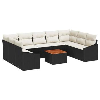 10-teiliges Garten Sofa Set mit Kissen Schwarz Poly Rattan Akazie