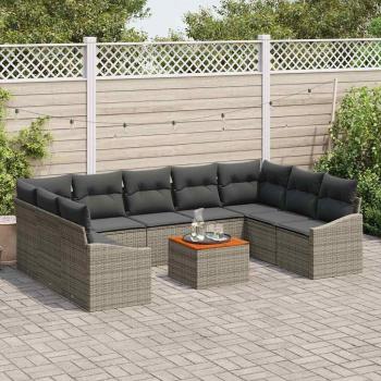 10-teiliges Garten-Sofa-Set mit Kissen Grau Poly-Rattan Akazie