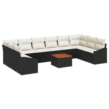 11-teiliges Garten Sofa Set mit Kissen Schwarz Poly Rattan Akazie