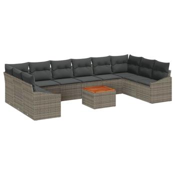 11-teiliges Garten Sofa Set mit Kissen Grau Poly Rattan Akazie