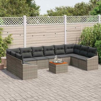 11-teiliges Garten Sofa Set mit Kissen Grau Poly Rattan Akazie