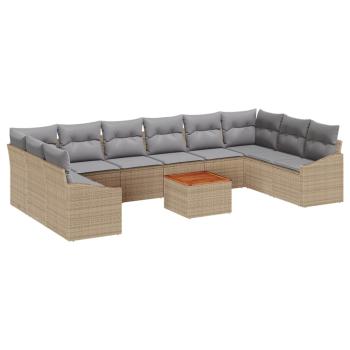 11-teiliges Garten-Sofa-Set mit Kissen Beige Poly Rattan Akazie