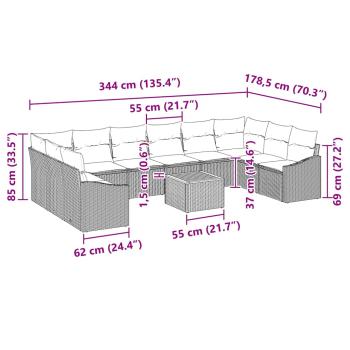 11-teiliges Garten-Sofa-Set mit Kissen Beige Poly-Rattan Akazie
