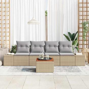 5-teiliges Garten Sofa Set mit Kissen Beige Poly Rattan Akazie