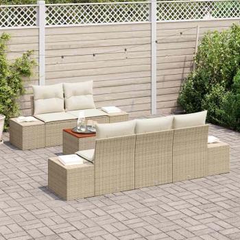 6-teiliges Garten Sofa Set mit Kissen Beige Poly Rattan Akazie