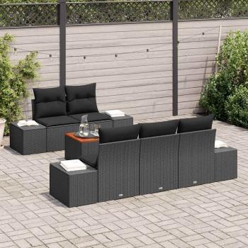 6-teiliges Garten Sofa Set mit Kissen Schwarz Poly Rattan Akazie