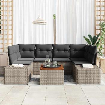 7-teiliges Garten-Sofa-Set mit Kissen Grau Poly-Rattan Akazie