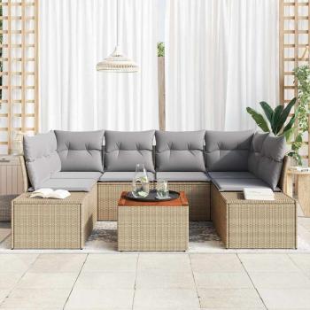 7-teiliges Garten Sofa Set mit Kissen Beige Poly Rattan Akazie