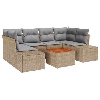 7-teiliges Garten Sofa Set mit Kissen Beige Poly Rattan Akazie