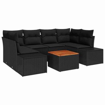 7-teiliges Garten Sofa Set mit Kissen Schwarz Poly Rattan Akazie