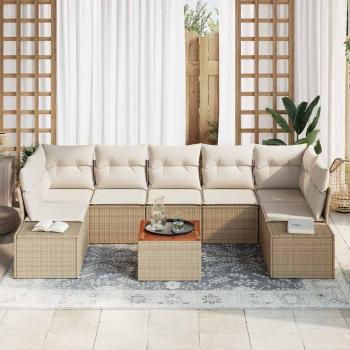 8-teilige Garten Sofa Set mit Kissen Beige Poly Rattan Akazie