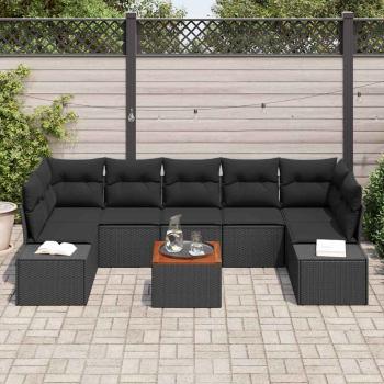 8-teilige Garten Sofa Set mit Kissen Schwarz Poly Rattan Akazie