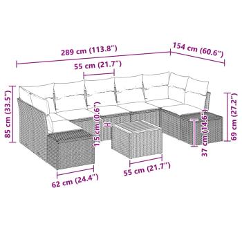 8-teilige Garten Sofa Set mit Kissen Schwarz Poly Rattan Akazie