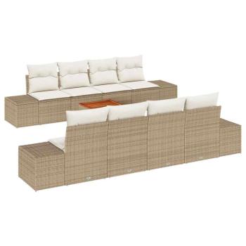 9-teiliges Garten Sofa Set mit Kissen Beige Poly Rattan Akazienholz