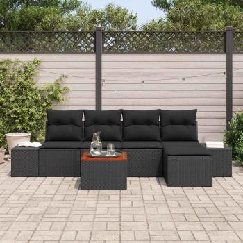 6-teiliges Garten Sofa Set mit Kissen Schwarz Poly Rattan Akazie