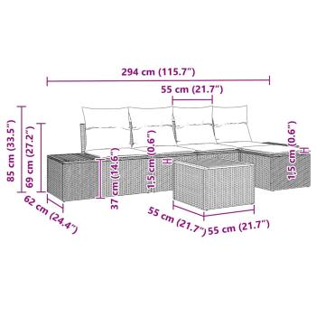 6-teiliges Garten Sofa Set mit Kissen Schwarz Poly Rattan Akazie