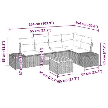 6-teiliges Garten Sofa Set mit Kissen Beige Poly Rattan Akazie