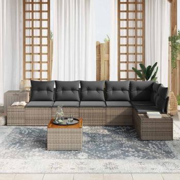 7-teiliges Garten Sofa Set mit Kissen Grau Poly Rattan Akazie