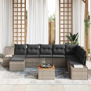 9-Teiliges Garten Sofa Set mit Kissen Grau Poly-Rattan Akazie