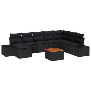 9-teiliges Garten Sofa Set mit Kissen Schwarz Poly Rattan Akazie