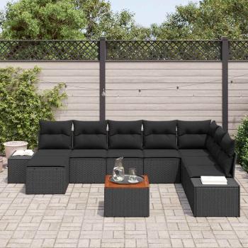 9-teiliges Garten Sofa Set mit Kissen Schwarz Poly Rattan Akazie