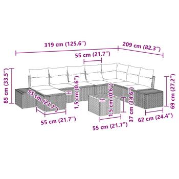 9-teiliges Garten Sofa Set mit Kissen Schwarz Poly Rattan Akazie
