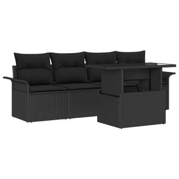 5-teiliges Garten-Sofa-Set mit Kissen Schwarz Poly-Rattan