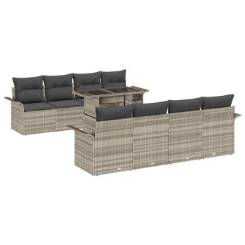 9-teiliges Garten-Sofa-Set mit Kissen in hellgrauem Poly-Rattan