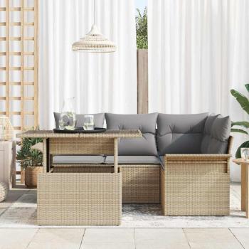 5-teiliges Garten Sofa Set mit Kissen Beige Poly Rattan