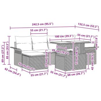 7-teiliges Garten Sofa Set mit Kissen in Schwarz Poly Rattan