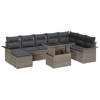 9-teiliges Garten Sofa Set mit Kissen Grau Poly Rattan