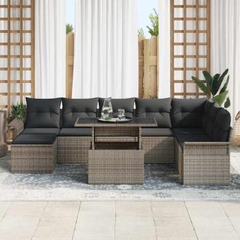 9-teiliges Garten Sofa Set mit Kissen Grau Poly Rattan