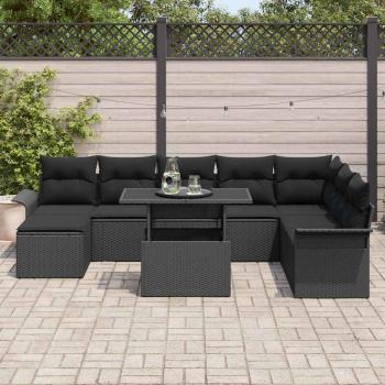 9-teiliges Garten-Sofaset mit Kissen in Schwarz aus Poly-Rattan