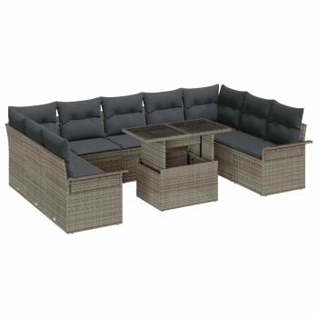 10-teiliges Garten-Sofa-Set mit Kissen Grau Poly-Rattan