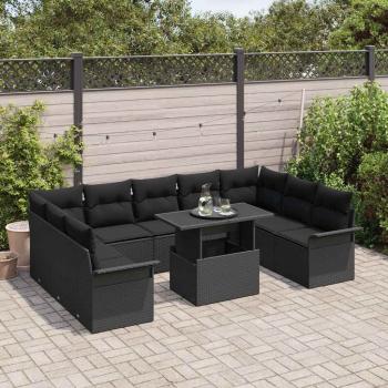 10-teiliges Garten-Sofa-Set mit Kissen Schwarz Poly-Rattan