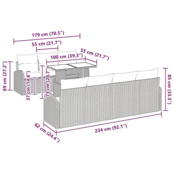 8-teiliges Garten Sofa Set mit Kissen Hellgrau Poly Rattan