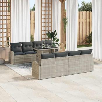 9-teiliges Garten Sofa Set mit Kissen Hellgrau Poly Rattan