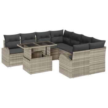 9-teiliges Garten Sofaset mit Kissen Hellgrau Poly-Rattan