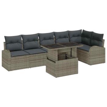 7-teiliges Garten Sofa Set mit Kissen Grau Poly Rattan