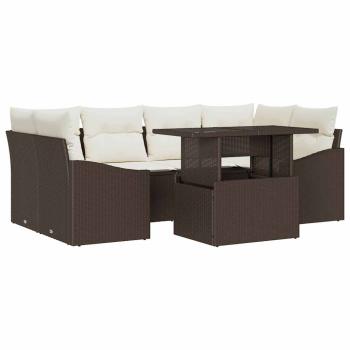 Garten-Sofa-Set mit Kissen 7 pcs Braun und Creme Poly-Rattan