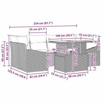 7-teiliges Garten Sofa Set mit Kissen Hellgrau Poly Rattan