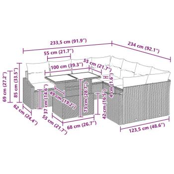 9-teiliges Garten-Sofa-Set mit Kissen in Hellgrau aus Poly-Rattan