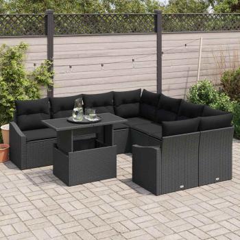 9-teiliges Garten-Sofa-Set mit Kissen Schwarz Poly-Rattan