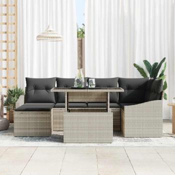 7-teiliges Garten-Sofa-Set mit Kissen in Hellgrau aus Poly Rattan
